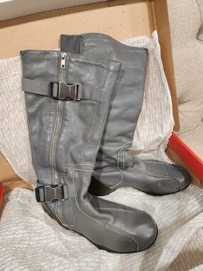 DKNY Gray Leather Knee Boots with Buckle Accents